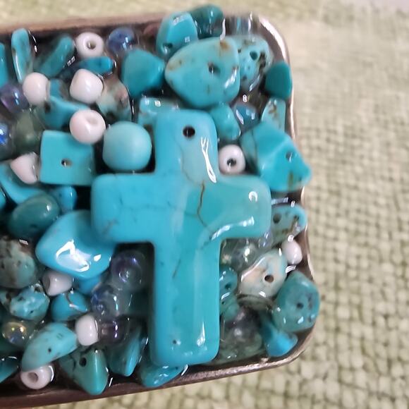 Handmade Stone Cross Belt Buckle Turquoise Howlite Beads Western 3" - Picture 7 of 8